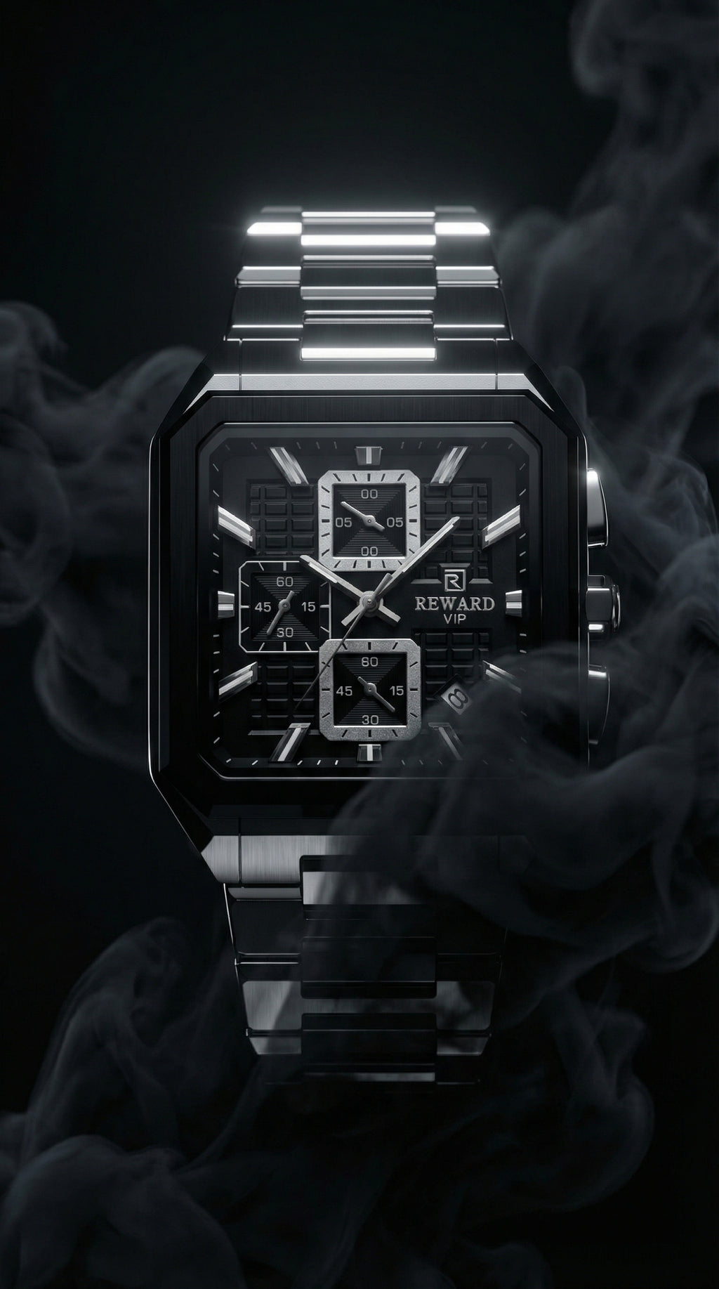 Luxury Square Chronograph Watch – Black & Silver Steel