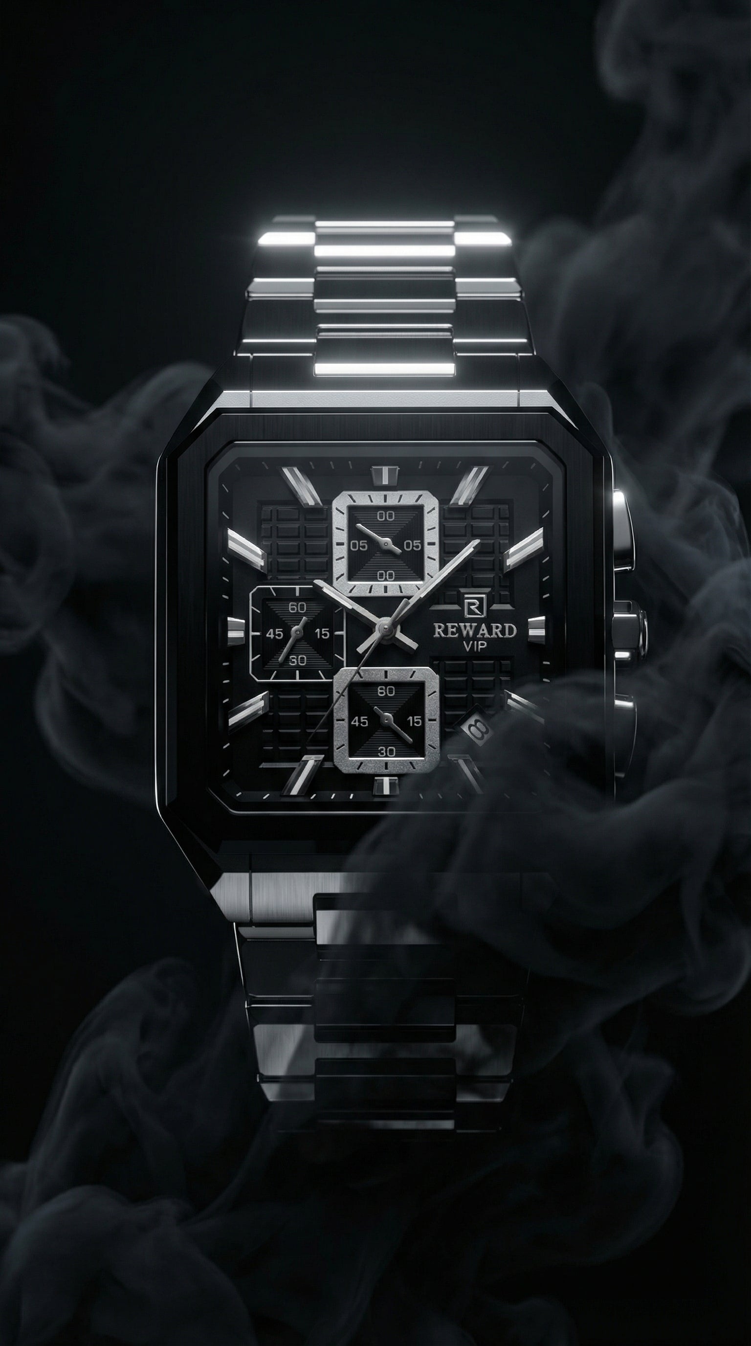 Luxury Square Chronograph Watch – Black & Silver Steel