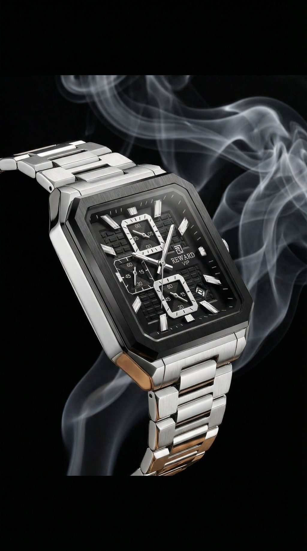 Luxury Square Chronograph Watch – Black & Silver Steel