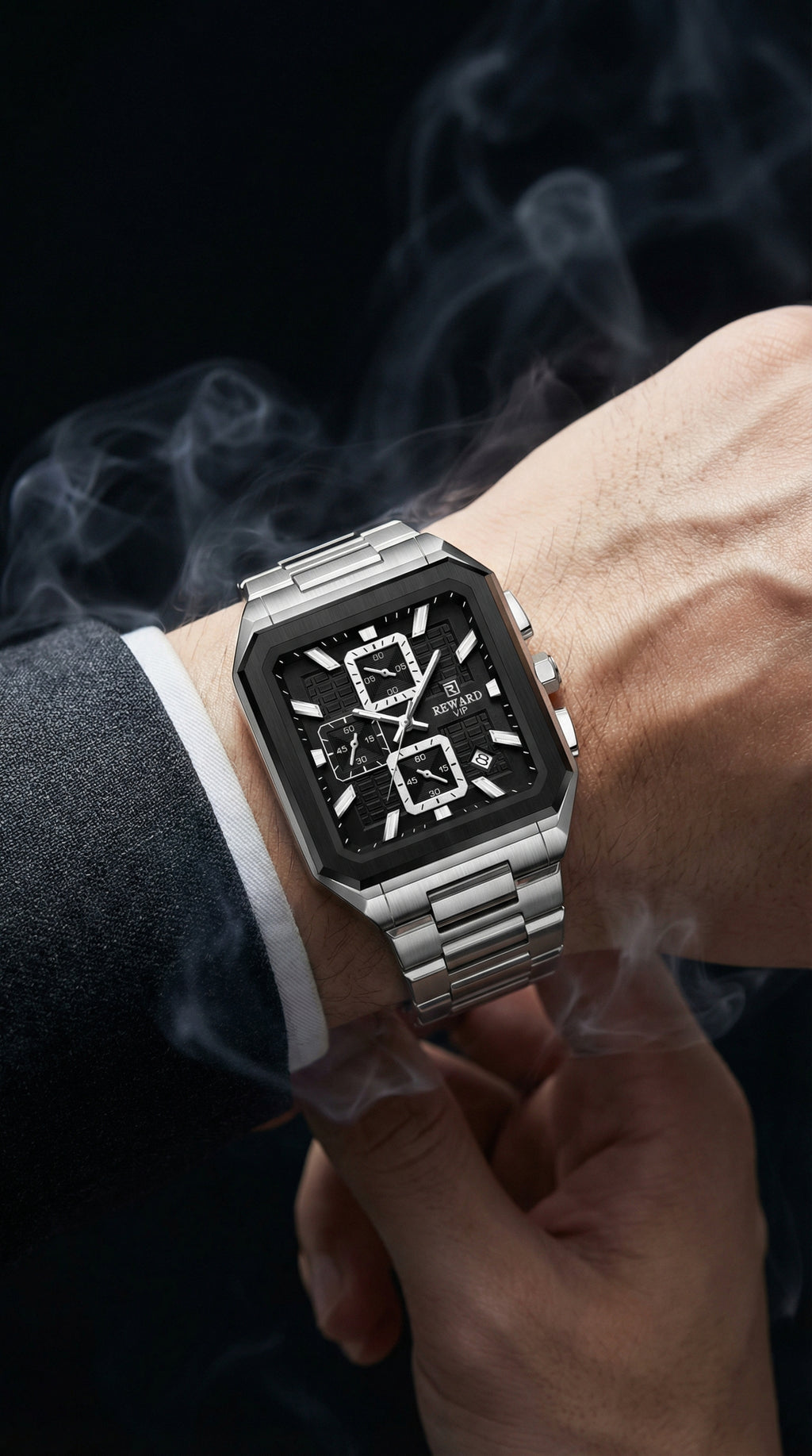 Luxury Square Chronograph Watch – Black & Silver Steel