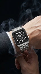Luxury Square Chronograph Watch – Black & Silver Steel