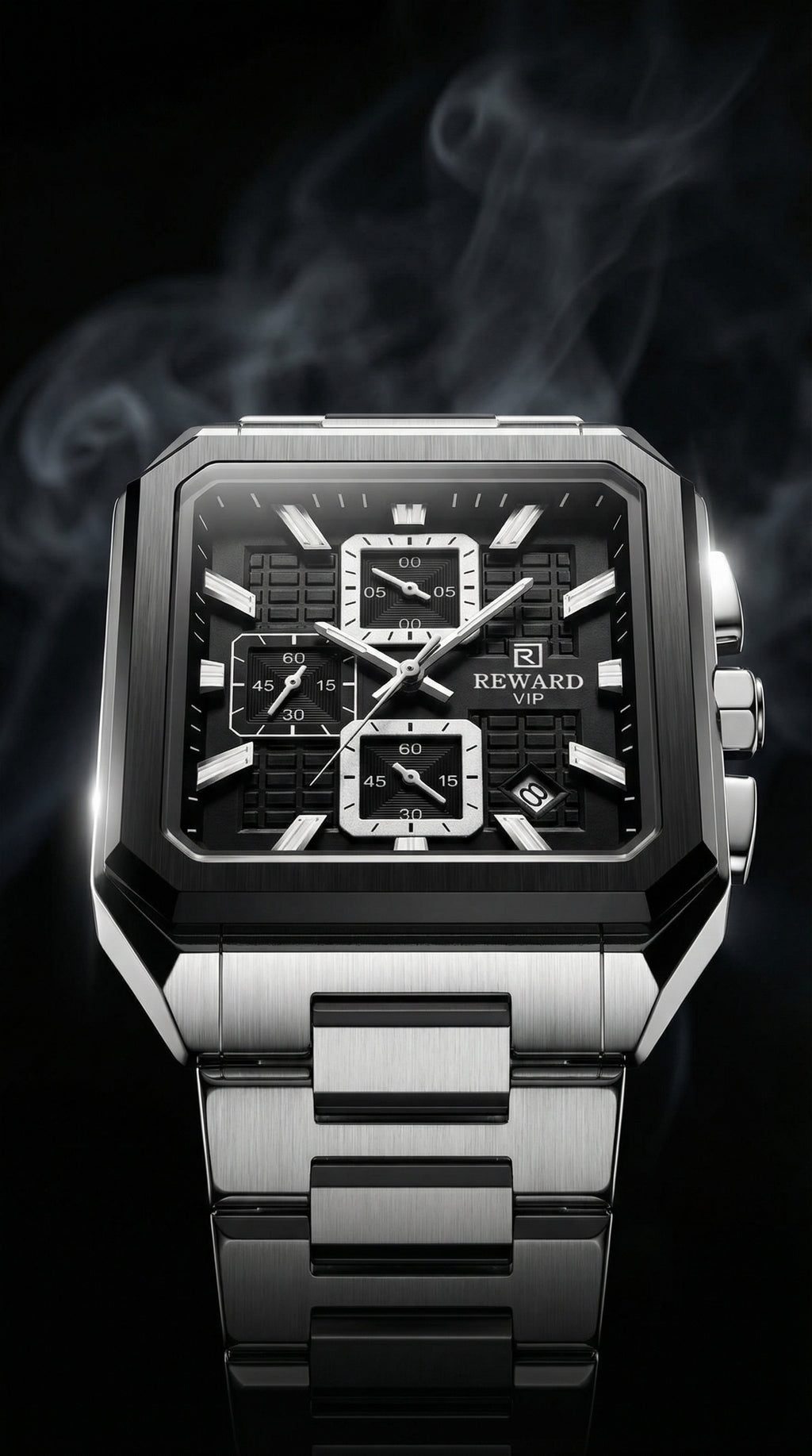 Luxury Square Chronograph Watch – Black & Silver Steel