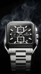 Luxury Square Chronograph Watch – Black & Silver Steel